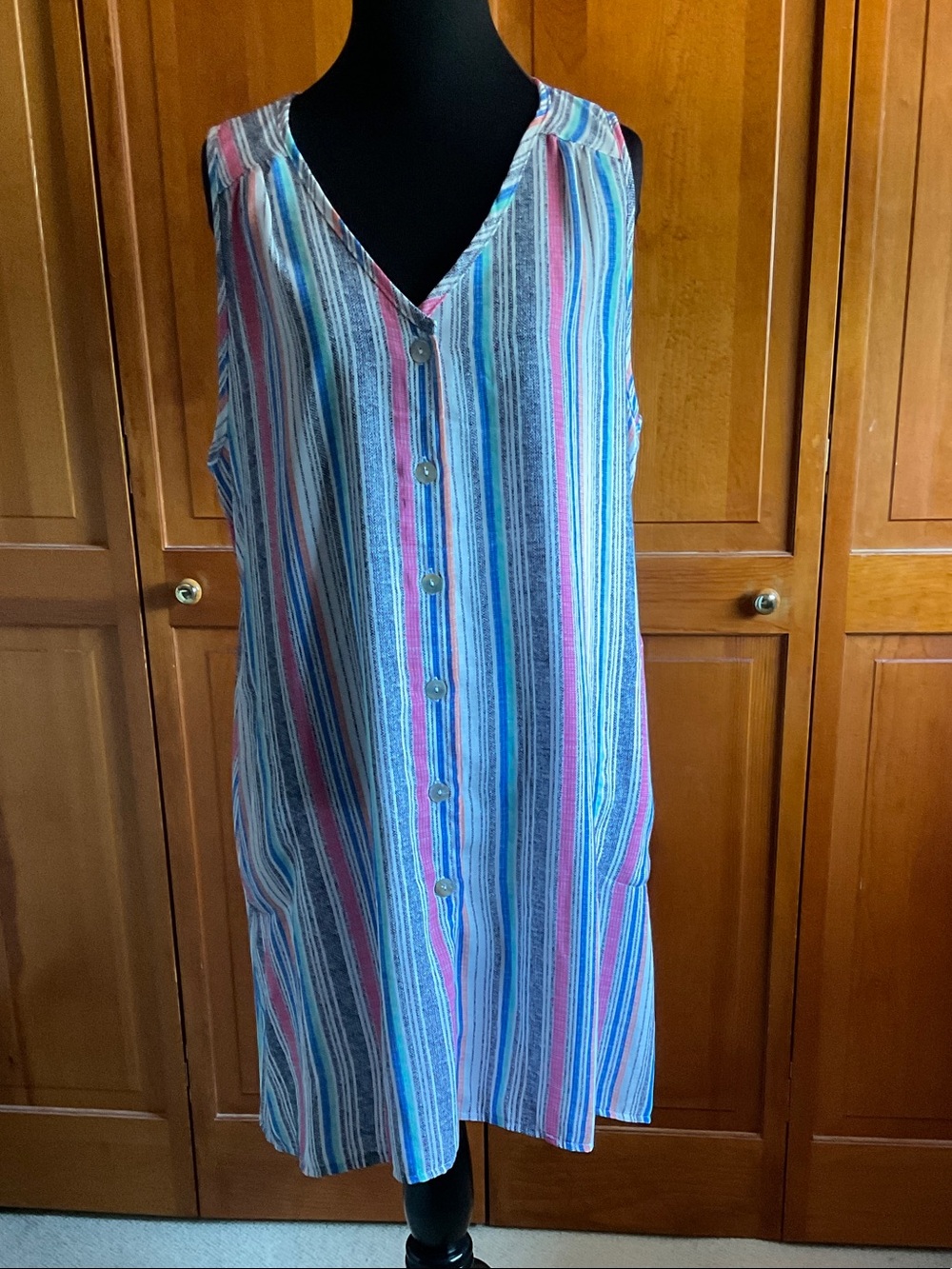Striped Sleeveless Swim Coverup in Blue and Pink